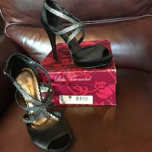 Lulu Townsend black, strappy evening shoes.